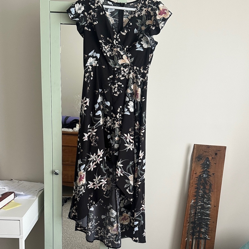 SHEIN Black Floral High Low Dress